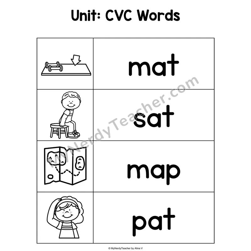 CVC Word Cards — Picture & Word Matching Cards (Black & White)