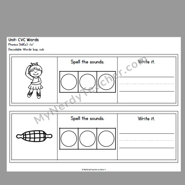 Say It, Pop It, Write It — CVC & Phonics Word Building Worksheets (Black & White)