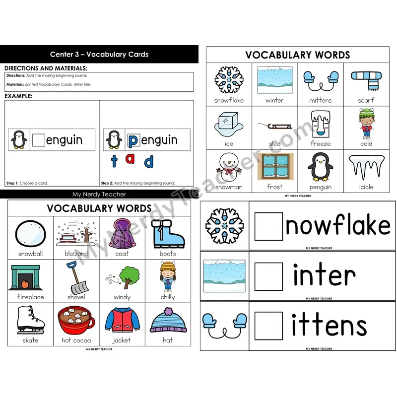 Winter Vocabulary Cards — Add the Missing Beginning Sound Color