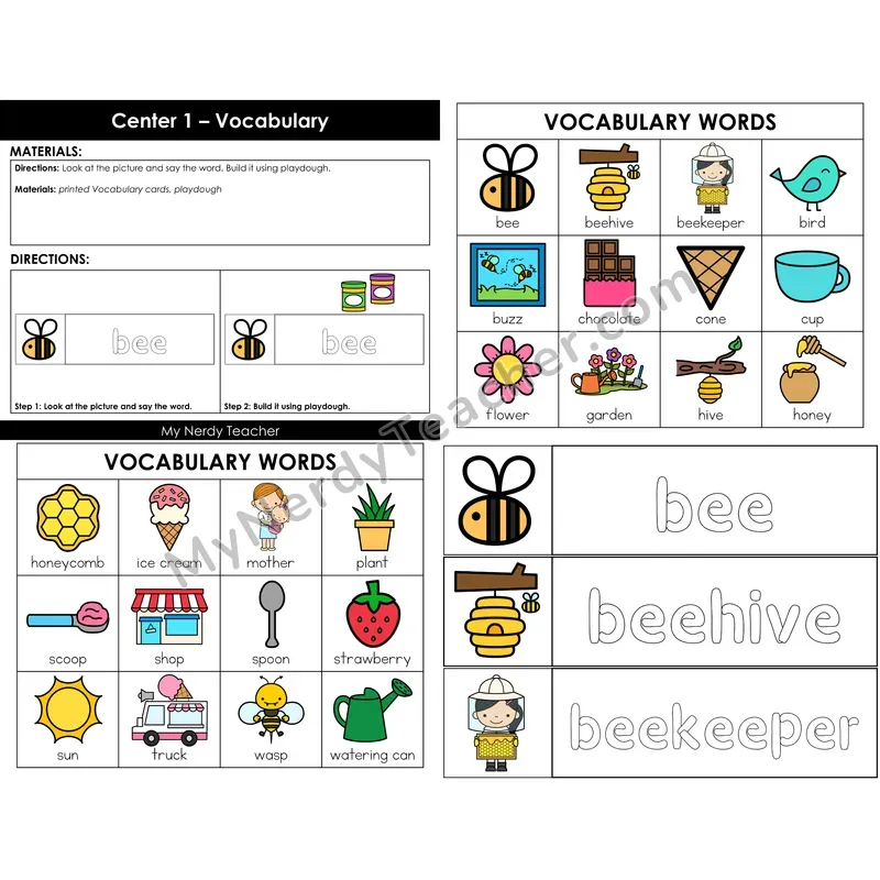 Summer Bee Vocabulary Cards — Color Version