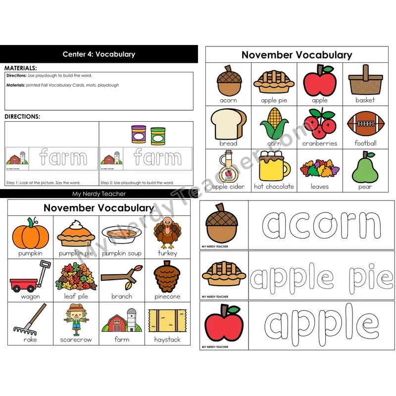 November Fall Vocabulary Cards — Color Version
