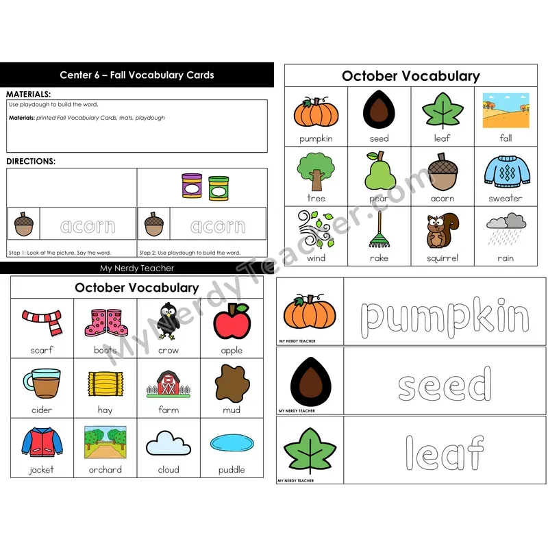 Fall Vocabulary Cards — Color Version