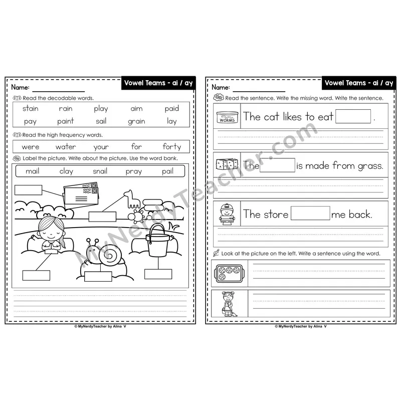 Vowel Team ai/ay (Long A) Editable PowerPoint Label & Write Activity
