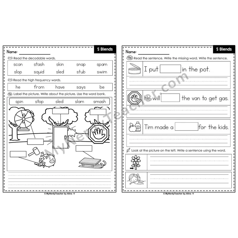 S Blends (Initial Consonant Blends) Editable PowerPoint Label & Write Activity