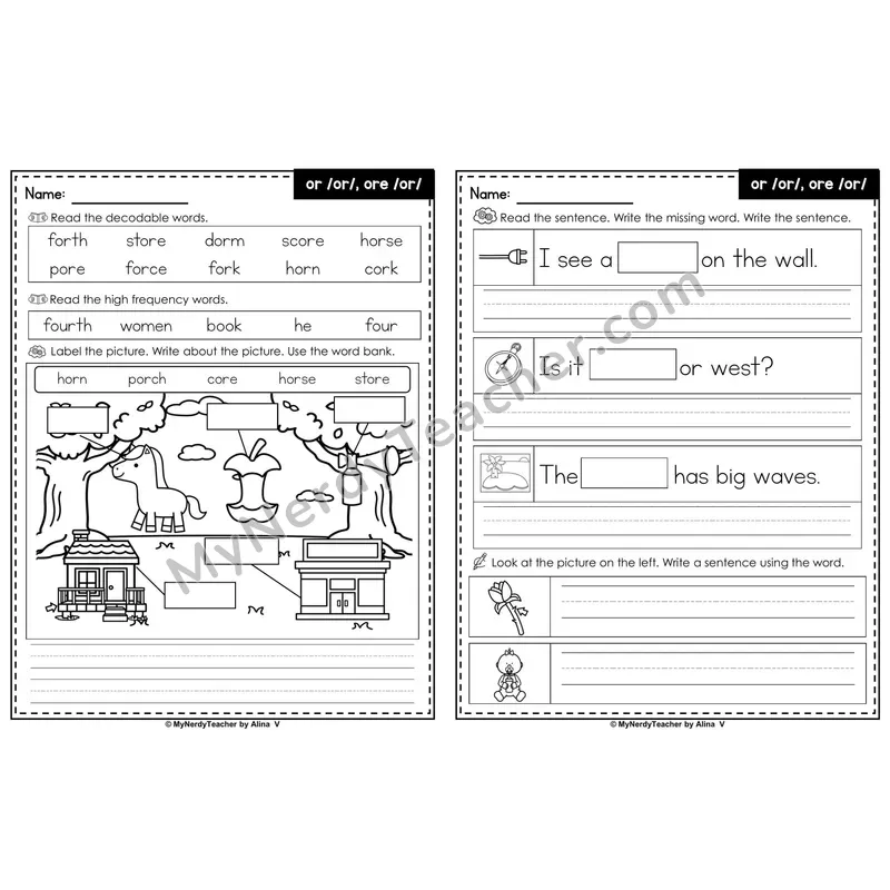 or and ore (R-Controlled Vowels) Editable PowerPoint Label & Write Activity