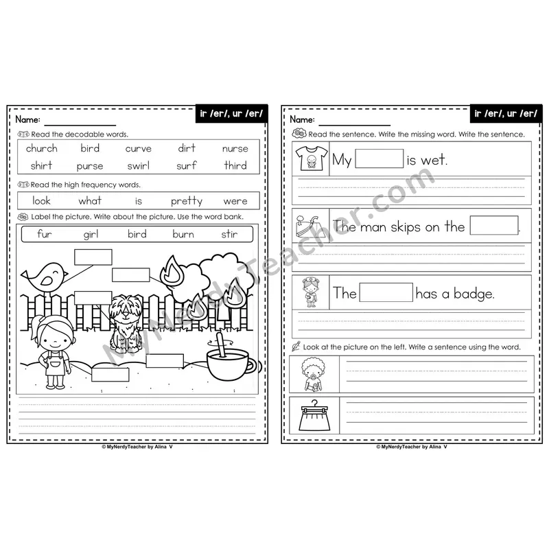 ir and ur (R-Controlled Vowels) Editable PowerPoint Label & Write Activity