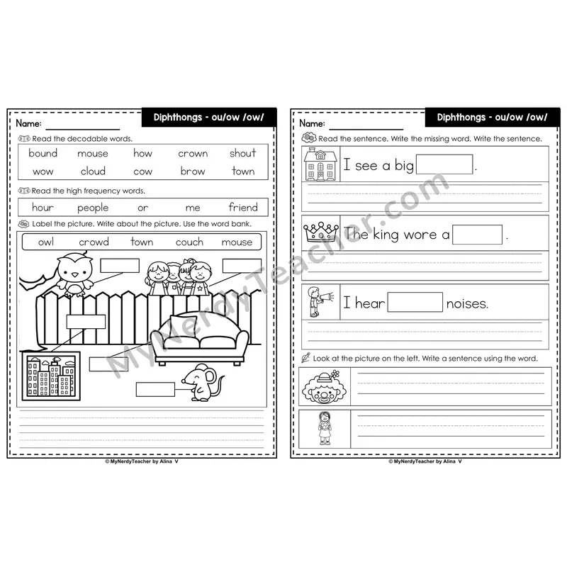 ou/ow Diphthong Editable PowerPoint Label & Write Activity