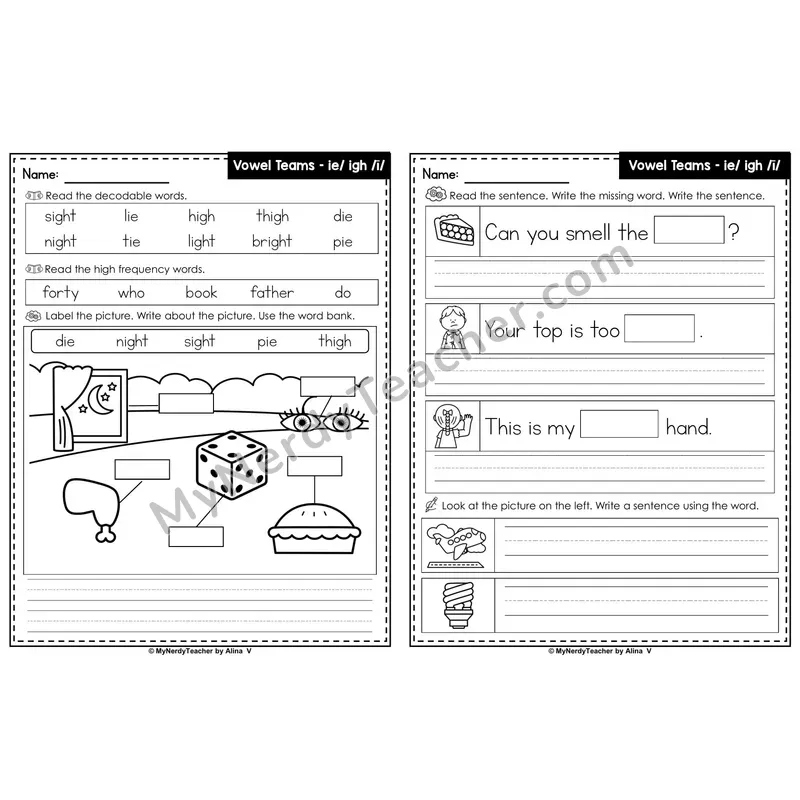 Vowel Team ie/igh (Long I) Editable PowerPoint Label & Write Activity