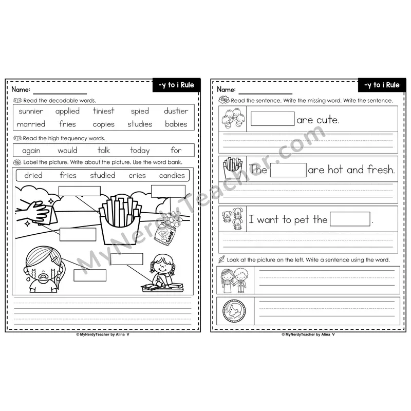 Y to I Spelling Rule (Suffixes) Editable PowerPoint Label & Write Activity