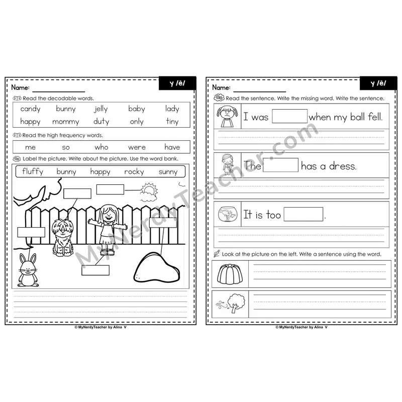 y as Long E (-y at End) Label & Write Worksheet