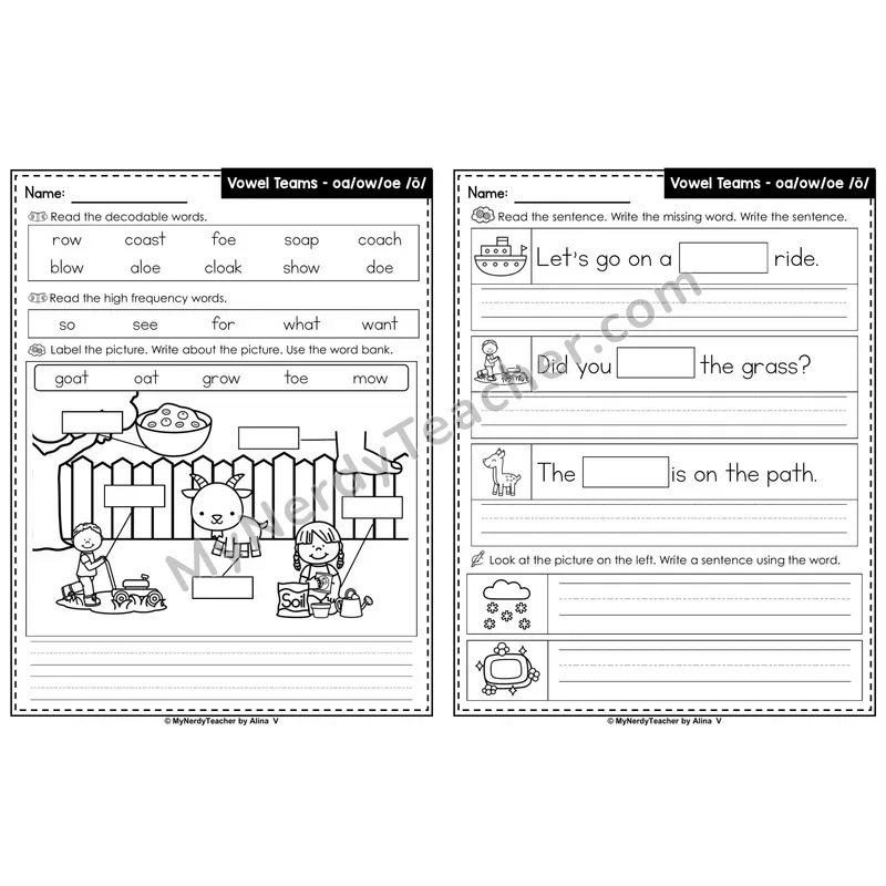 Vowel Team oa/ow/oe (Long O) Label & Write Worksheet