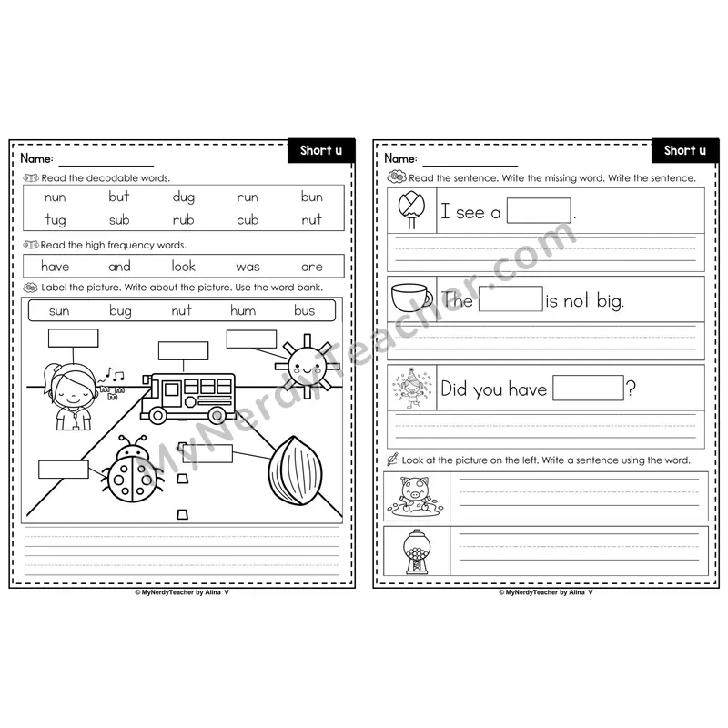 Short U CVC Words Label & Write Worksheet