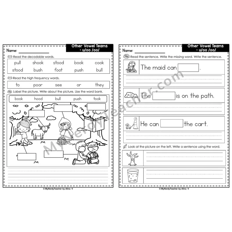 oo and u Vowel Team (Short /oo/) Label & Write Worksheet