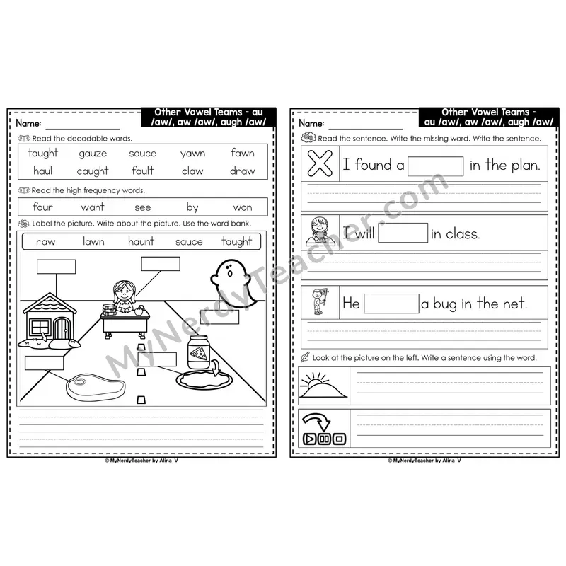 au, aw, augh Vowel Teams (/aw/) Label & Write Worksheet