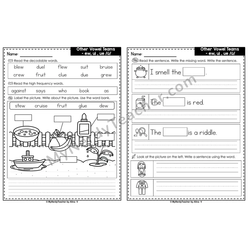 ew, ui, ue Vowel Teams (Long /ū/) Label & Write Worksheet