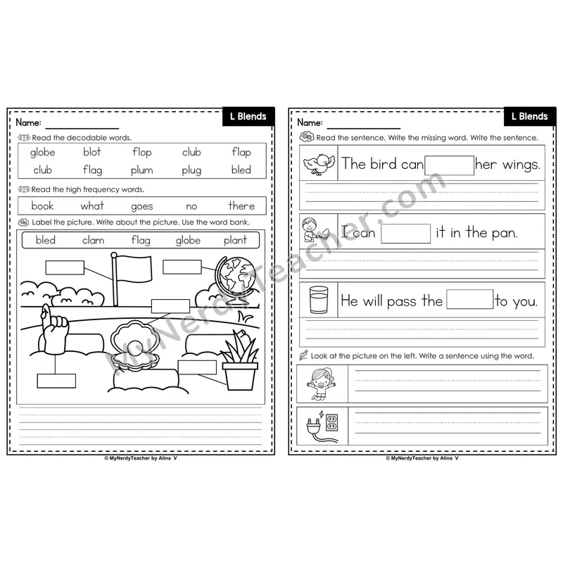 L Blends (Initial Consonant Blends) Label & Write Worksheet