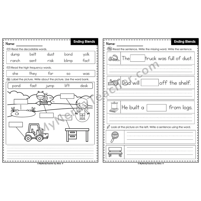 Ending Blends (Final Consonant Blends) Label & Write Worksheet