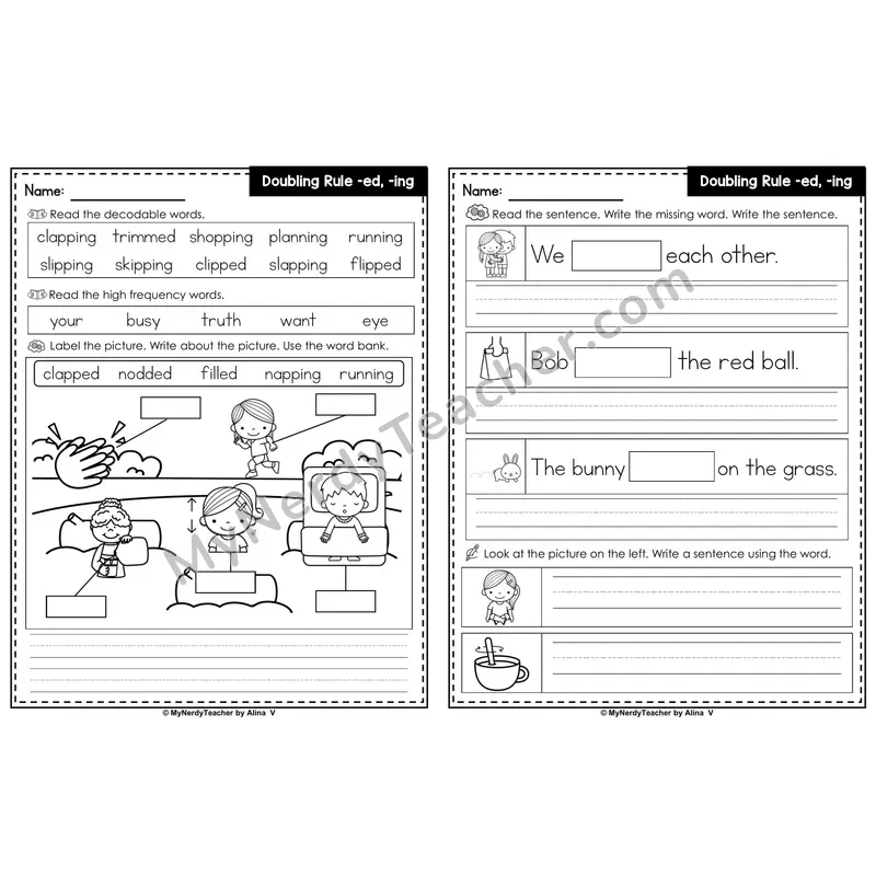 Doubling Rule with -ed and -ing Label & Write Worksheet