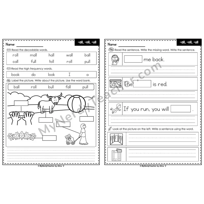 Glued Sounds: -all, -oll, -ull Label & Write Worksheet