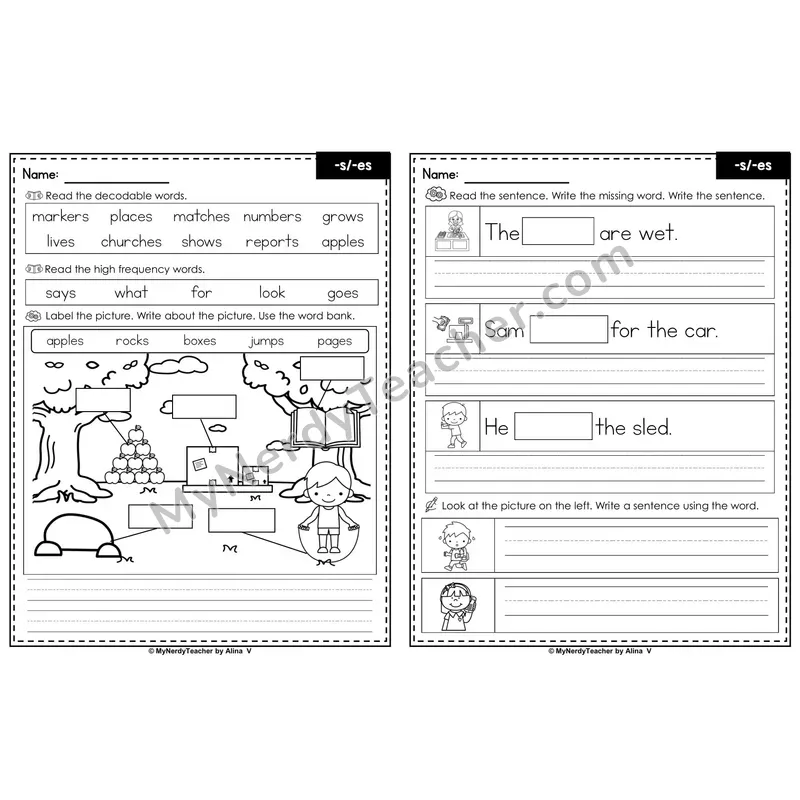 Suffix -s and -es (Plural/Verb) Label & Write Worksheet