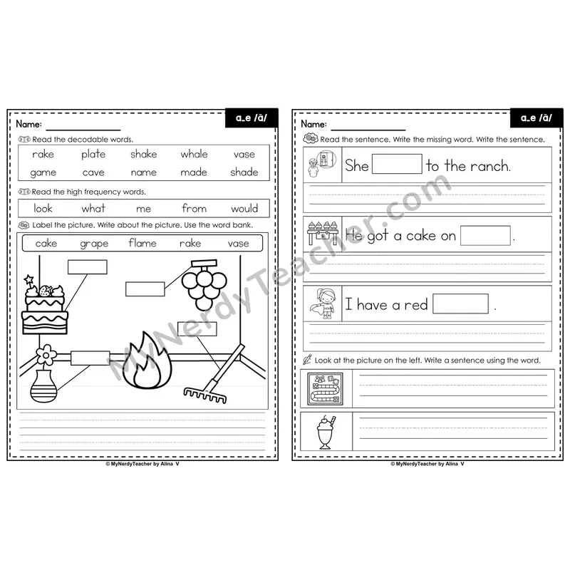 a_e (Long A — Silent E) Label & Write Worksheet