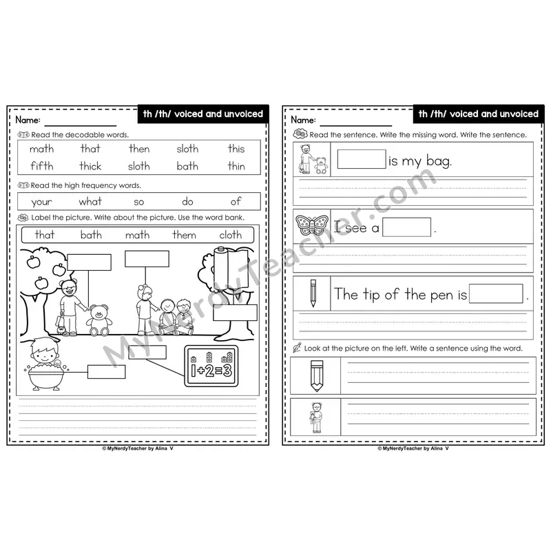 th Digraph (Voiced and Unvoiced) Label & Write Worksheet