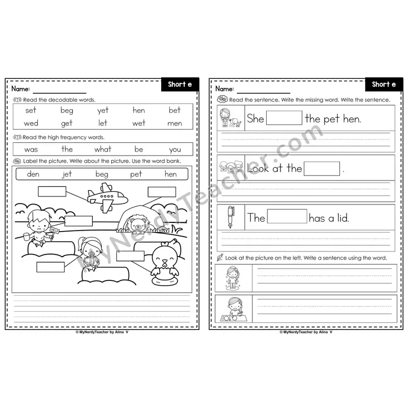 Short E CVC Words Label & Write Worksheet