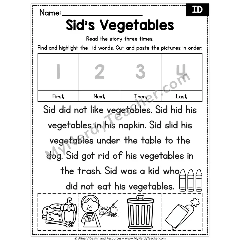 Short I CVC Decodable Reader — Sid's Vegetables (ID)