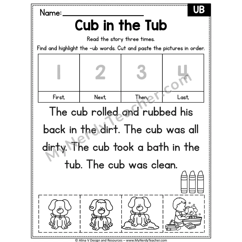 Short U CVC Decodable Reader — Cub in the Tub (UB)