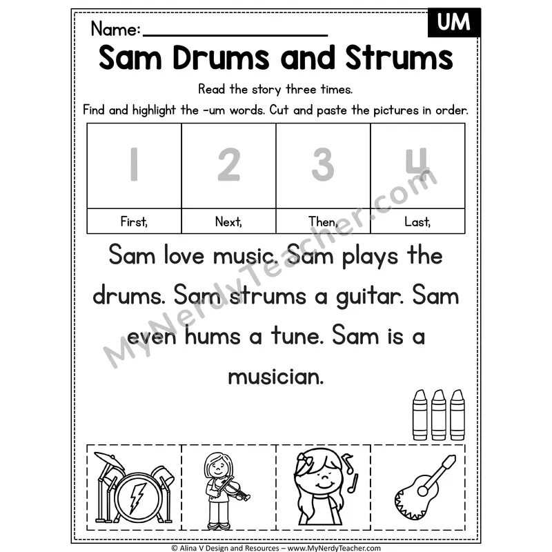 Short U CVC Decodable Reader — Sam Drums and Strums (UM)