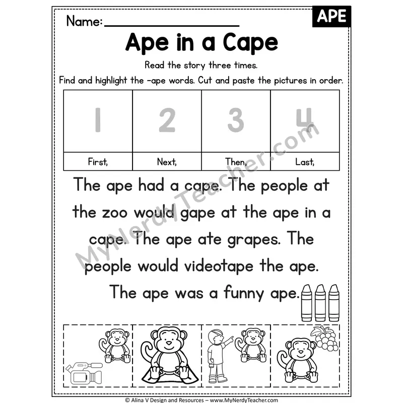 Long A VCe (a_e) Decodable Reader — Ape in a Cape (APE)