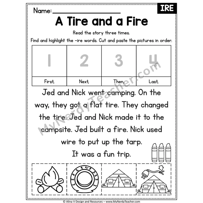 Long I VCe (i_e) Decodable Reader — A Tire and a Fire (IRE)