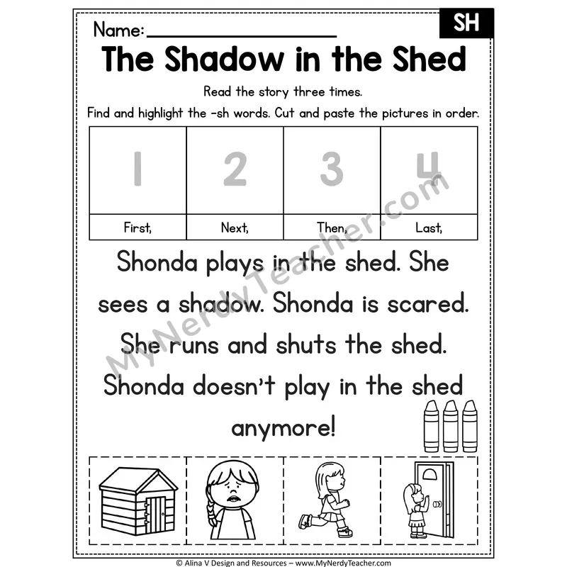 SH digraph Decodable Reader — The Shadow in the Shed