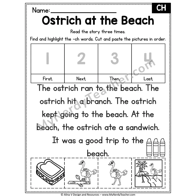 CH ending digraph Decodable Reader — Ostrich at the Beach