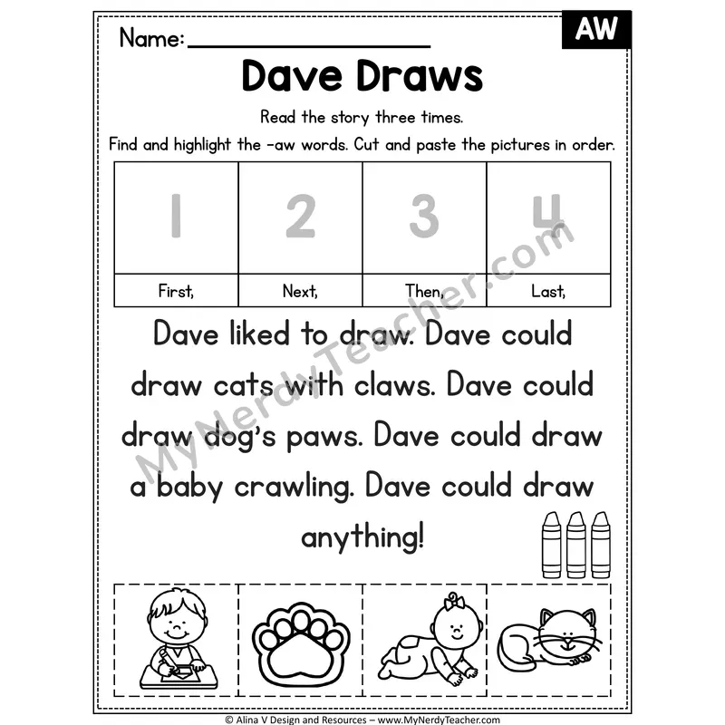 AW diphthong Decodable Reader — Dave Draws