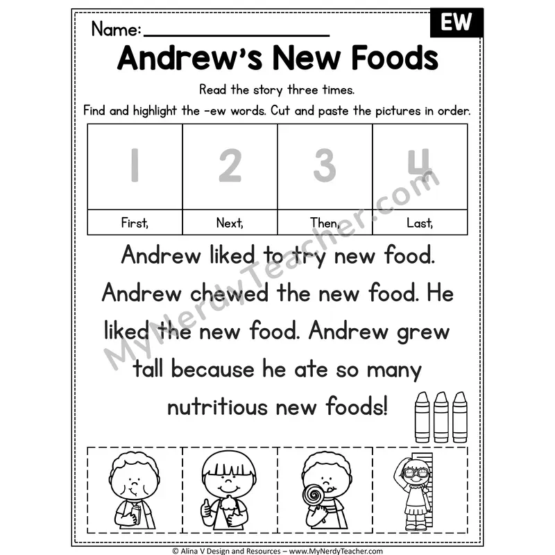 EW diphthong Decodable Reader — Andrew's New Foods