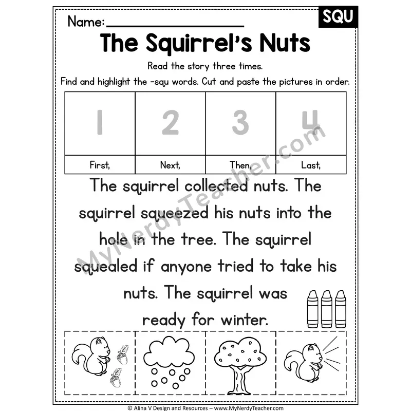 SQU beginning trigraph Decodable Reader — The Squirrels Nuts