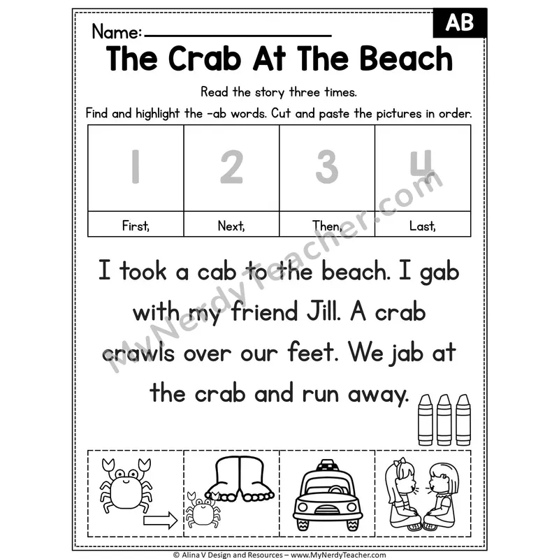 Short A CVC Editable Decodable Reader — The Crab At The Beach (AB)