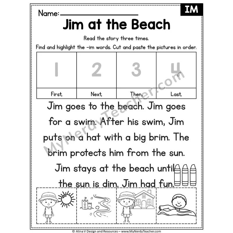 Short I CVC Editable Decodable Reader — Jim at the Beach (IM)