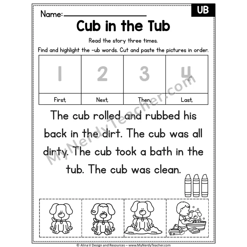Short U CVC Editable Decodable Reader — Cub in the Tub (UB)