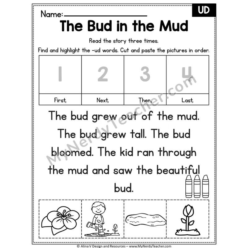 Short U CVC Editable Decodable Reader — The Bud in the Mud (UD)