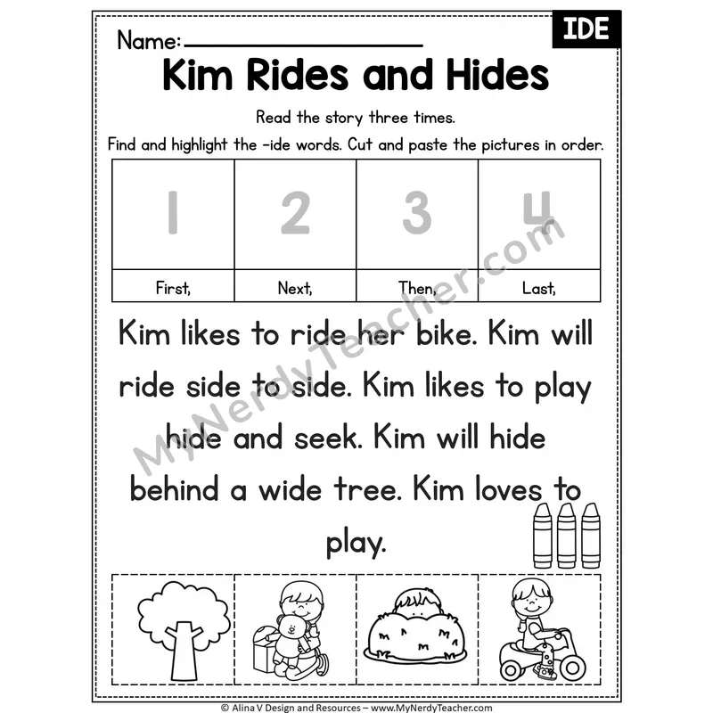 Long I VCe (i_e) Editable Decodable Reader — Kim Rides and Hides (IDE)