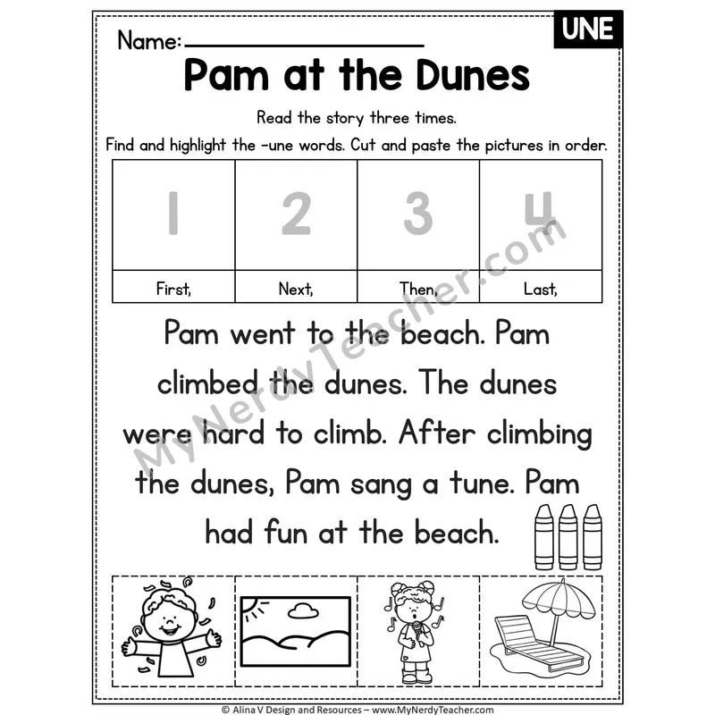 Long U VCe (u_e) Editable Decodable Reader — Pam at the Dunes (UNE)