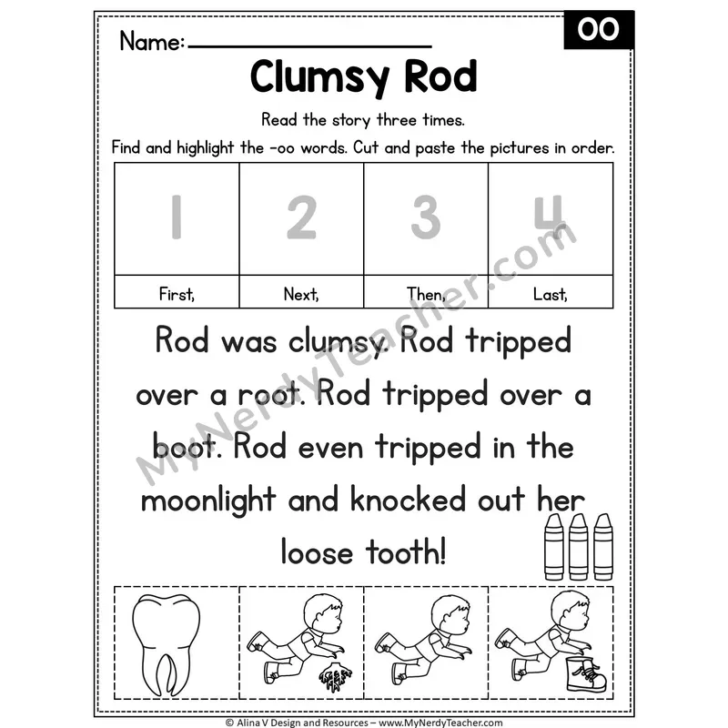 OO vowel team Editable Decodable Reader — Clumsy Rod