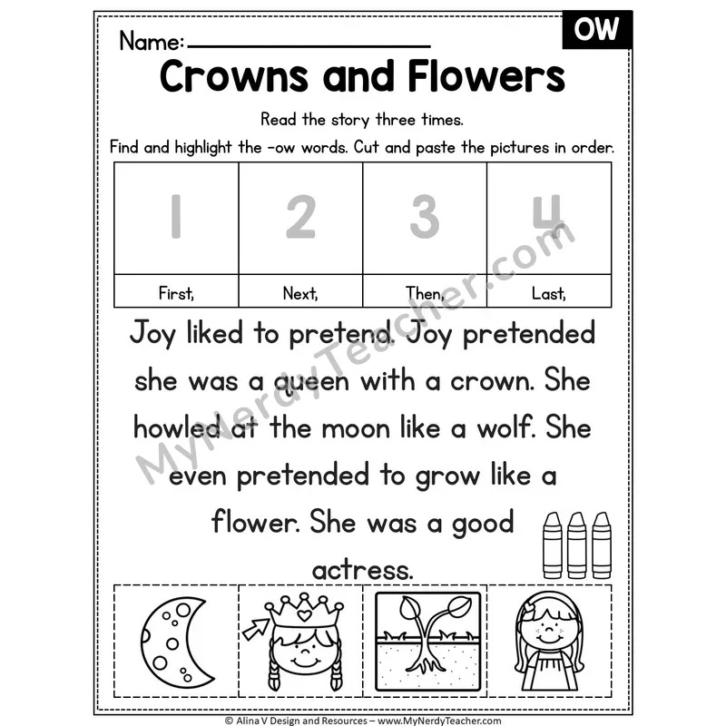 OW diphthong Editable Decodable Reader — Crowns and Flowers