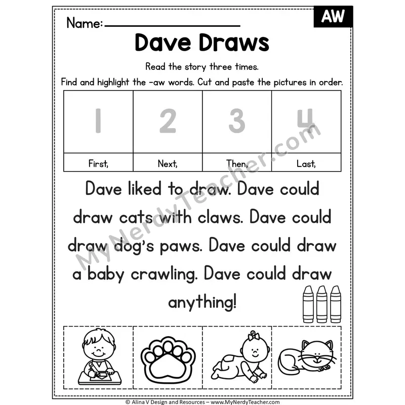 AW diphthong Editable Decodable Reader — Dave Draws