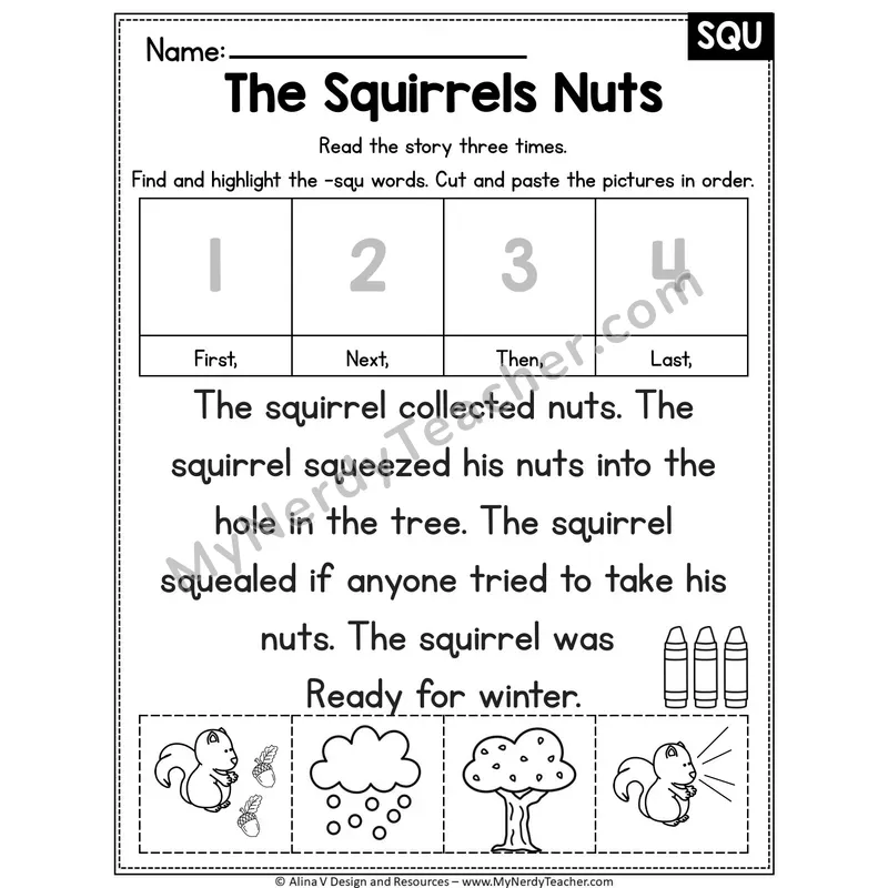 SQU beginning trigraph Editable Decodable Reader — The Squirrels Nuts