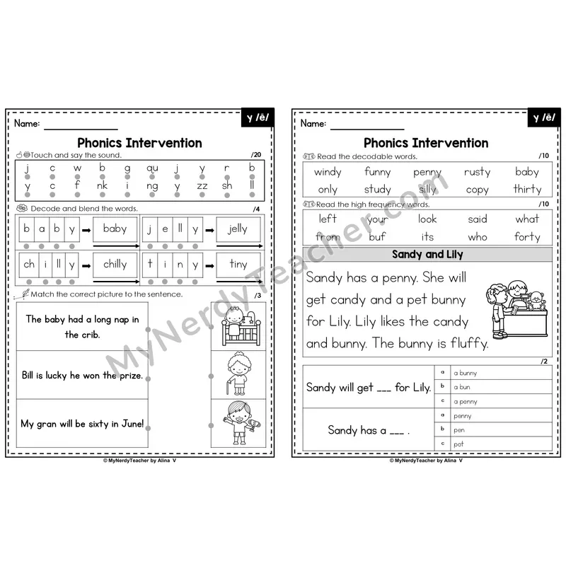 Editable Phonics Intervention Worksheet — y /ē/ (Preview)