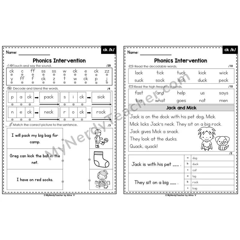 Editable Phonics Intervention Worksheet — ck /k/ (Preview)