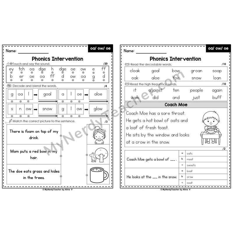 Editable Phonics Intervention Worksheet — Vowel Teams - oa / ow / oe (Preview)